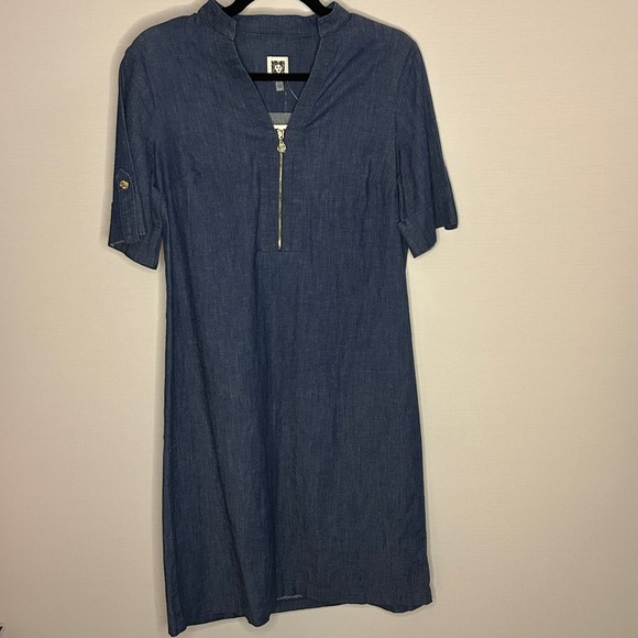 Anne Klein Denim Shirt Dress Blue Dark Wash Gold Zipper Tab Sleeves Womens 4 NWT - Picture 1 of 11
